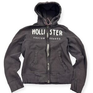 Y2K Hollister Hoodie Size Large Brown Fleece Spell Out Logo Skater Thrashed Zip